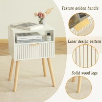 White Nightstand With Charging Station Mid Century Modern Nightstand With Liner Drawer And Solid Wood Legs Small Bedside Table