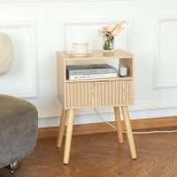 Nightstand With Charging Station Wood Bedside Table With Drawer Modern End Table For Bedroom And Small Spaces Solid Wood Legs