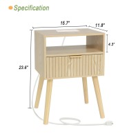 Nightstand With Charging Station Wood Bedside Table With Drawer Modern End Table For Bedroom And Small Spaces Solid Wood Legs