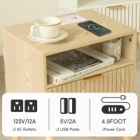 Nightstand With Charging Station Wood Bedside Table With Drawer Modern End Table For Bedroom And Small Spaces Solid Wood Legs