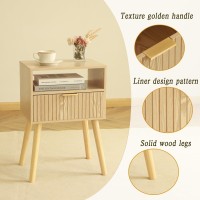 Nightstand With Charging Station Wood Bedside Table With Drawer Modern End Table For Bedroom And Small Spaces Solid Wood Legs