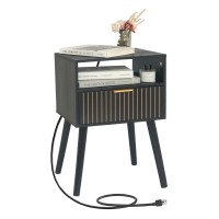 Black Nightstand With Charging Station Mid Century Modern Bedside Table With Open Shelf And Storage Drawer End Table With Soli