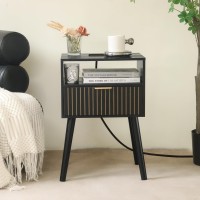 Black Nightstand With Charging Station Mid Century Modern Bedside Table With Open Shelf And Storage Drawer End Table With Soli