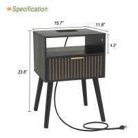 Black Nightstand With Charging Station Mid Century Modern Bedside Table With Open Shelf And Storage Drawer End Table With Soli