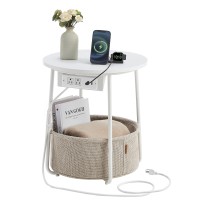 Vasagle Side Table With Charging Station Round End Table With Fabric Basket Nightstand With Power Outlets Usb Ports For Livin