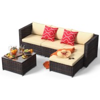 Qsun 5Piece Patio Furniture Set Outdoor Couch With Glass Coffee Table And Two Pillows Outdoor Sectional Conversation Set Brow