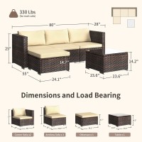 Qsun 5Piece Patio Furniture Set Outdoor Couch With Glass Coffee Table And Two Pillows Outdoor Sectional Conversation Set Brow