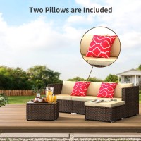 Qsun 5Piece Patio Furniture Set Outdoor Couch With Glass Coffee Table And Two Pillows Outdoor Sectional Conversation Set Brow