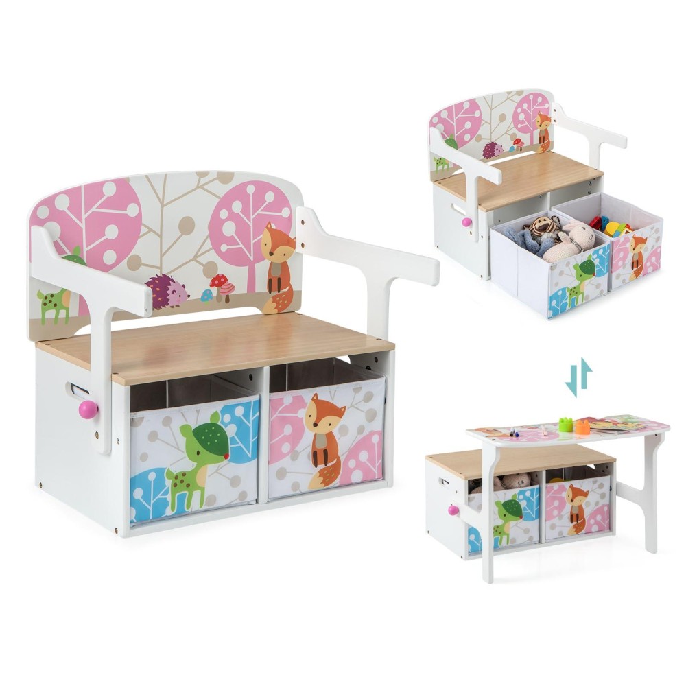 Costzon Kids Table And Chair Set, Convertible Toy Storage Bench With 2 Removable Fabric Bins For Kindergarten, Preschool, Kids Room, Playroom, Wood Reading Nook For Kids Boys Girls Ages 3+ (White)