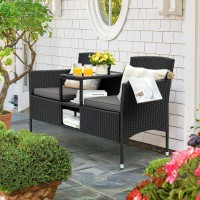 Flamaker Outdoor Furniture Patio Loveseat Wicker 2Seat With Builtin Table And Cushions Rattan Porch Chairs Bench For Balcony