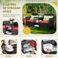 Flamaker Outdoor Furniture Patio Loveseat Wicker 2Seat With Builtin Table And Cushions Rattan Porch Chairs Bench For Balcony