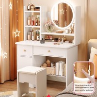 Aeumruch Dressing Table Set With Chair, Led Light, 2 Drawers, 1 Cabinet, 4 Shelves Suitable For Bedrooms