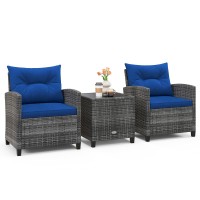 Oralner 3 Pieces Patio Furniture Set, Outdoor Wicker Conversation Set, Rattan Chairs With Soft Cushions, Glass Coffee Table, Patio Bistro Set For Balcony Garden Deck Front Porch Poolside (Navy Blue)