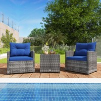 Oralner 3 Pieces Patio Furniture Set, Outdoor Wicker Conversation Set, Rattan Chairs With Soft Cushions, Glass Coffee Table, Patio Bistro Set For Balcony Garden Deck Front Porch Poolside (Navy Blue)