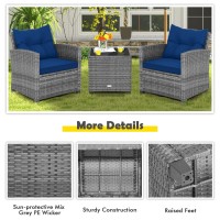 Oralner 3 Pieces Patio Furniture Set, Outdoor Wicker Conversation Set, Rattan Chairs With Soft Cushions, Glass Coffee Table, Patio Bistro Set For Balcony Garden Deck Front Porch Poolside (Navy Blue)