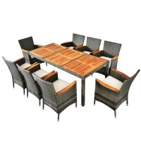 Dortala 9-Piece Patio Dining Set, Outdoor Acacia Wood & Rattan Furniture Set With Cushions, Table & 8 Chairs, Wicker Chair & Table Set For Garden, Backyard, Poolside