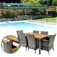 Dortala 7-Piece Outdoor Dining Set, Acacia Wood & Rattan Patio Furniture Set With Cushions, 180Lb Table & 400Lb Chair Capacity, Wicker 6 Chairs & Table Set For Backyard Poolside