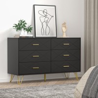 FURNIWAY Black Dresser for Bedroom, Modern Bedroom Dresser with 6 Deep Drawers, Wide Chest of Drawers with Gold Handles for Living Room
