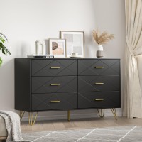 FURNIWAY Black Dresser for Bedroom, Modern Bedroom Dresser with 6 Deep Drawers, Wide Chest of Drawers with Gold Handles for Living Room