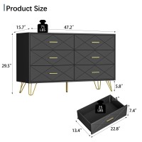 FURNIWAY Black Dresser for Bedroom, Modern Bedroom Dresser with 6 Deep Drawers, Wide Chest of Drawers with Gold Handles for Living Room