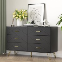 FURNIWAY Black Dresser for Bedroom, Modern Bedroom Dresser with 6 Deep Drawers, Wide Chest of Drawers with Gold Handles for Living Room