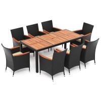 Dortala 9-Piece Patio Dining Set, Acacia Wood & Rattan Conversation Set For 8 With Chairs & Cushions, Umbrella Hole Table, Wicker Dining Table & Chair Set For Backyard, Garden, Poolside