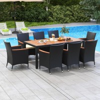 Dortala 9-Piece Patio Dining Set, Acacia Wood & Rattan Conversation Set For 8 With Chairs & Cushions, Umbrella Hole Table, Wicker Dining Table & Chair Set For Backyard, Garden, Poolside