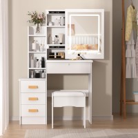 Kripyery Vanity Desk Set with LED Lighted Mirror & Power Outlet, Makeup Table with 4 Drawers&Shelves, Chair,Hidden Storage Space for Bathroom, Bedroom, Makeup Room White