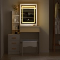 Kripyery Vanity Desk Set with LED Lighted Mirror & Power Outlet, Makeup Table with 4 Drawers&Shelves, Chair,Hidden Storage Space for Bathroom, Bedroom, Makeup Room White