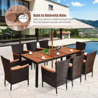Dortala 9-Piece Patio Dining Set, Acacia Wood & Rattan Furniture Set With 8 Cushioned Stackable Armrest Chairs And Table, Outdoor Table & Chair Set For Backyard, Garden, Poolside