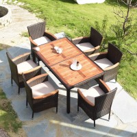 Dortala 7-Piece Patio Dining Set, Acacia Wood & Rattan Table And 6 Stackable Chairs With Cushions, Outdoor Wicker Furniture Set For Balcony Garden Poolside
