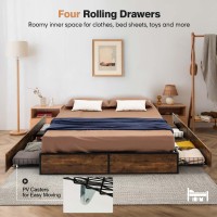 DORTALA Full Size Platform Bed Frame with 4 Drawers, Industrial Bed Base with Wooden Footboard, Headboard Holes, Reinforced Steel Slats, Mattress Foundation, No Box Spring Needed, No Noise