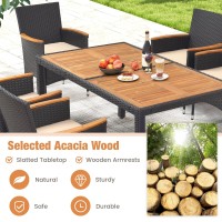 Dortala 7-Piece Patio Dining Set, Pe Rattan & Acacia Wood Conversation Set For 6 With Cushions, Chairs & Umbrella Hole Table, Outdoor Table & Chair Set For Garden Backyard Poolside