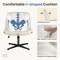 Dumos Cross Legged Armless Wide Wheels Modern Home Office Desk Swivel Adjustable Leather Vanity Chair Cream