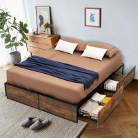 DORTALA Queen Size Platform Bed Frame with 4 Drawers, Industrial Bed Base with Wooden Footboard, Headboard Holes, Reinforced Steel Slats, Mattress Foundation, No Box Spring Needed, No Noise