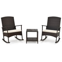 Oralner 3 Pieces Patio Rocking Bistro Set, Outdoor Wicker Rocking Chairs With Cushions, Glass Coffee Table, Rattan Conversation Furniture Set For Balcony Front Porch Garden Deck Poolside (Off-White)