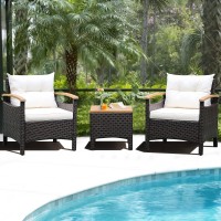 Oralner 3 Pieces Patio Furniture Set, Outdoor Wicker Conversation Chairs With Soft Cushions, Acacia Coffee Table, Rattan Bistro Set For Balcony Garden Deck Front Porch Poolside (Off White)