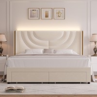 Hithos Queen Upholstered Led Bed Frame With 2 Storage Drawers Velvet Platform Bed With Wingback Headboard Solid Wooden Slats S