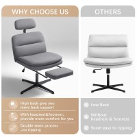 Shahoo Criss Cross Legged Chair, Armless Swivel Wide Padded Height Adjustable Fabric With Headrest&Footrest For Home Office, Light Grey