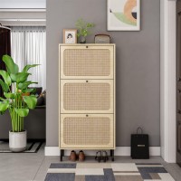 Zehuoge Rattan Shoe Cabinet With 3 Flip Drawers Natural Narrow Shoe Rack Storage Cabinet With Metal Legs For Heels Slippers E