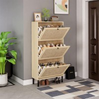 Zehuoge Rattan Shoe Cabinet With 3 Flip Drawers Natural Narrow Shoe Rack Storage Cabinet With Metal Legs For Heels Slippers E