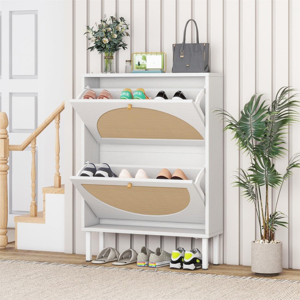 Zehuoge Rattan Shoe Cabinet With 2 Flip Drawers Entrance Hallway Slim Entryway Shoe Organizer White Shoe Rack Storage Cabinet