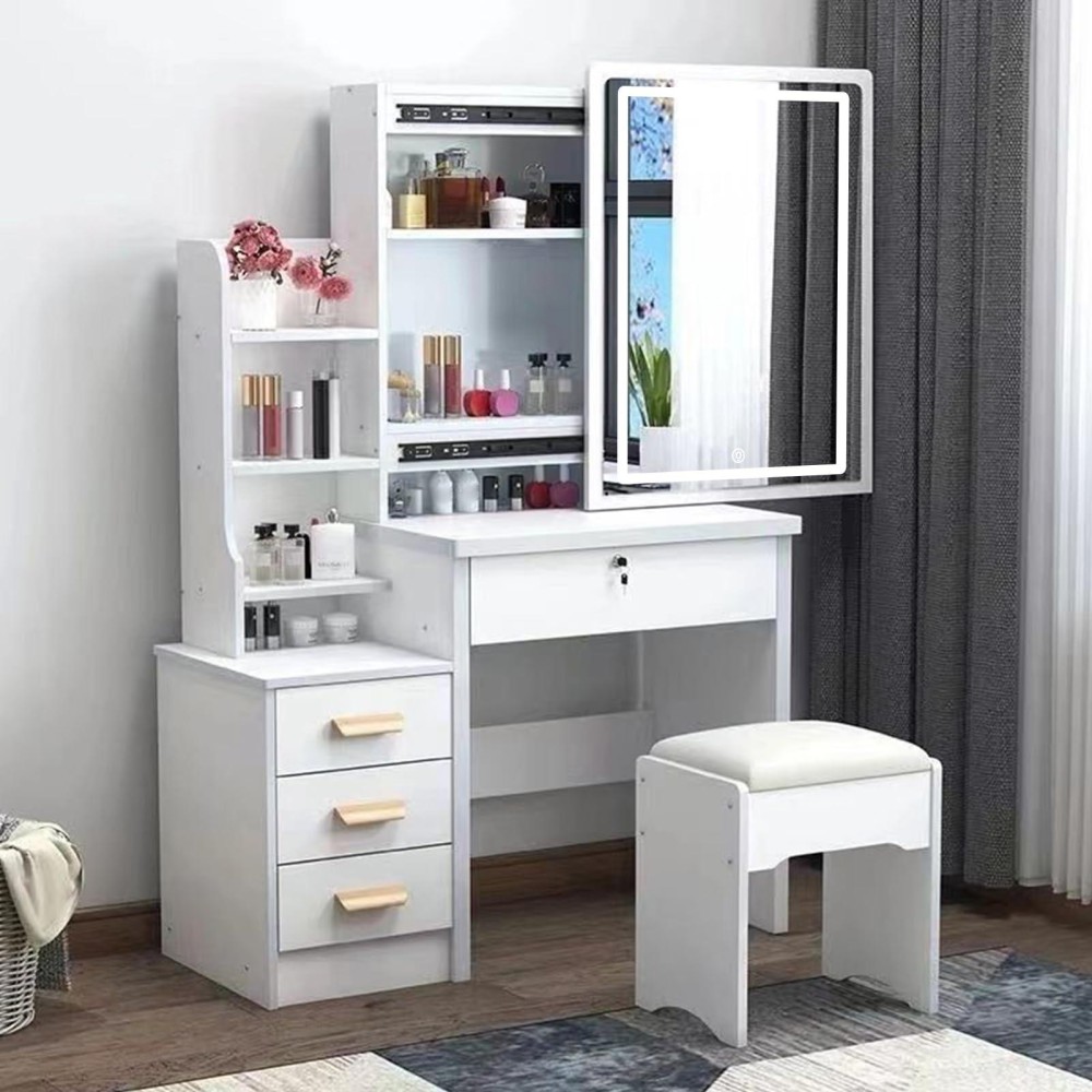 Yesbay Vanity Desk With Mirror And Lights, Makeup White Vanity With Sliding Lighted Mirror In 3 Colors, Bedroom Dressing Table 4 Drawers & Chair & Shelves (White, 31.5