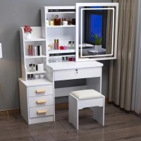 Yesbay Vanity Desk With Mirror And Lights, Makeup White Vanity With Sliding Lighted Mirror In 3 Colors, Bedroom Dressing Table 4 Drawers & Chair & Shelves (White, 31.5