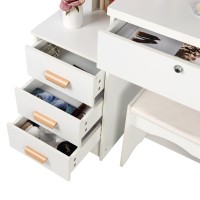 Yesbay Vanity Desk With Mirror And Lights, Makeup White Vanity With Sliding Lighted Mirror In 3 Colors, Bedroom Dressing Table 4 Drawers & Chair & Shelves (White, 31.5