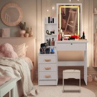 Yesbay Vanity Desk With Mirror And Lights, Makeup White Vanity With Sliding Lighted Mirror In 3 Colors, Bedroom Dressing Table 4 Drawers & Chair & Shelves (White, 31.5