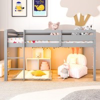 Kotek Twin Loft Bed, Solid Wood Low Loft Bed For Kids With Ladder & Guard Rails, No Box Spring Needed, Space-Saving Loft Bed Frame For Boys & Girls (Grey)