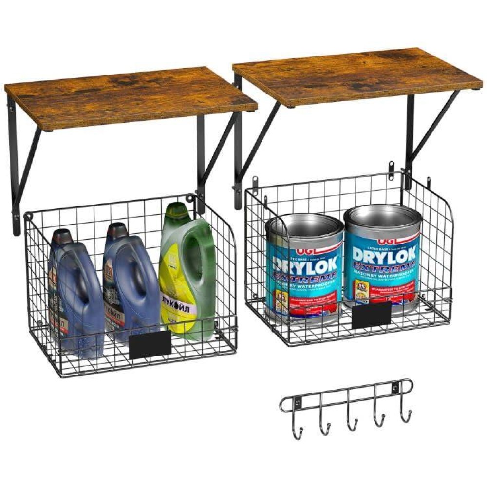 Threehio 2 Pack Garage Shelves Wall Mounted With Wire Storage Baskets Heavy Duty Garage Wall Shelving With Hooks Wooden Floati