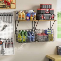 Threehio 2 Pack Garage Shelves Wall Mounted With Wire Storage Baskets Heavy Duty Garage Wall Shelving With Hooks Wooden Floati