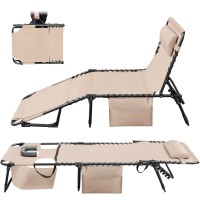 Greesum Chaise Lounge Folding Tanning Chair With 5 Position Adjustable Back Detachable Pillow Pocket For Outside Pool Beach